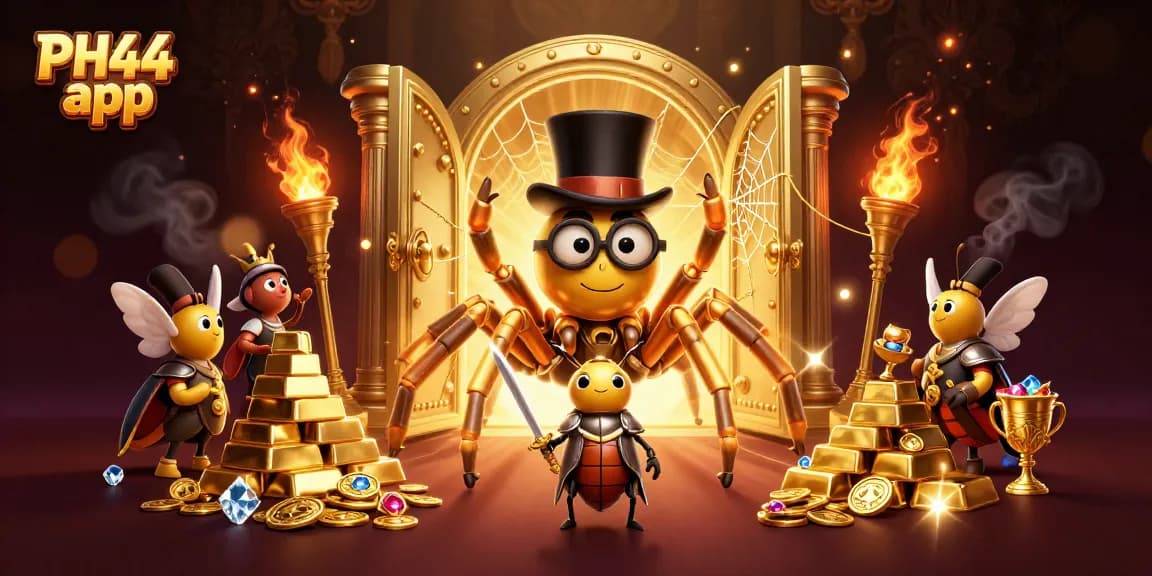 Engage with the PH44 app for a vibrant gambling adventure featuring a golden tarantula weaving energetic gaming scenes.