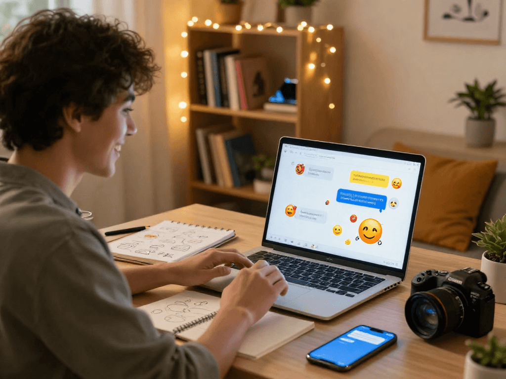 Engaging spicy chat ai interaction in a cozy workspace with user and vibrant chat interface.