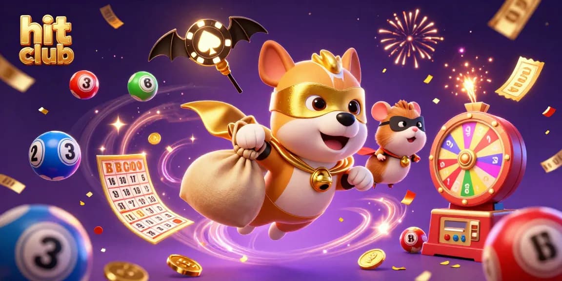 Experience the excitement at hit club with colorful lottery balls and thrilling casino elements flying around.