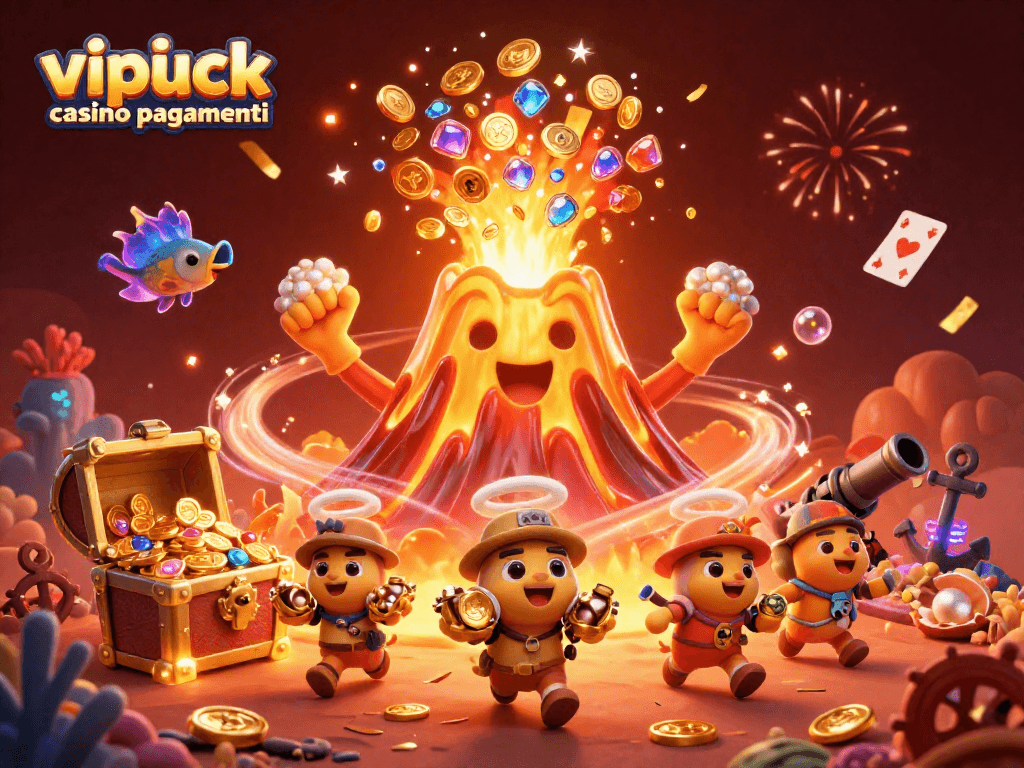 I pagamenti VIPLuck Casino sono rappresentati con un vulcano dorato che erutta tesori e animali esploratori.