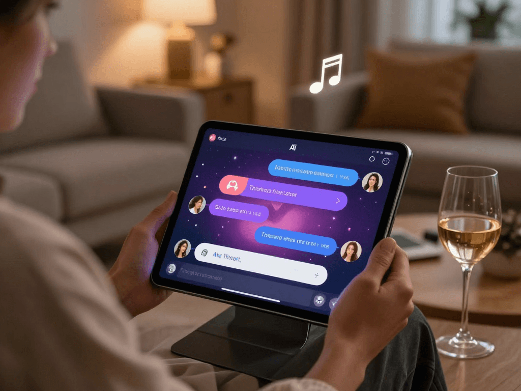 Engaging scene of a person using a sex ai chat app on a tablet, set in a cozy apartment.