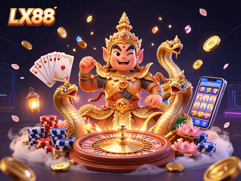 Experience exciting games and rewards with LX88 in this vibrant casino illustration.