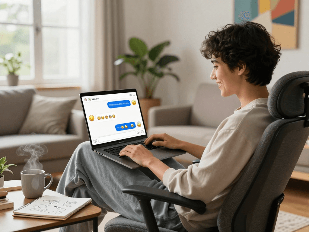 Engaging scene of a person interacting with dirty chat AI, showcasing cozy digital communication in a modern living room.