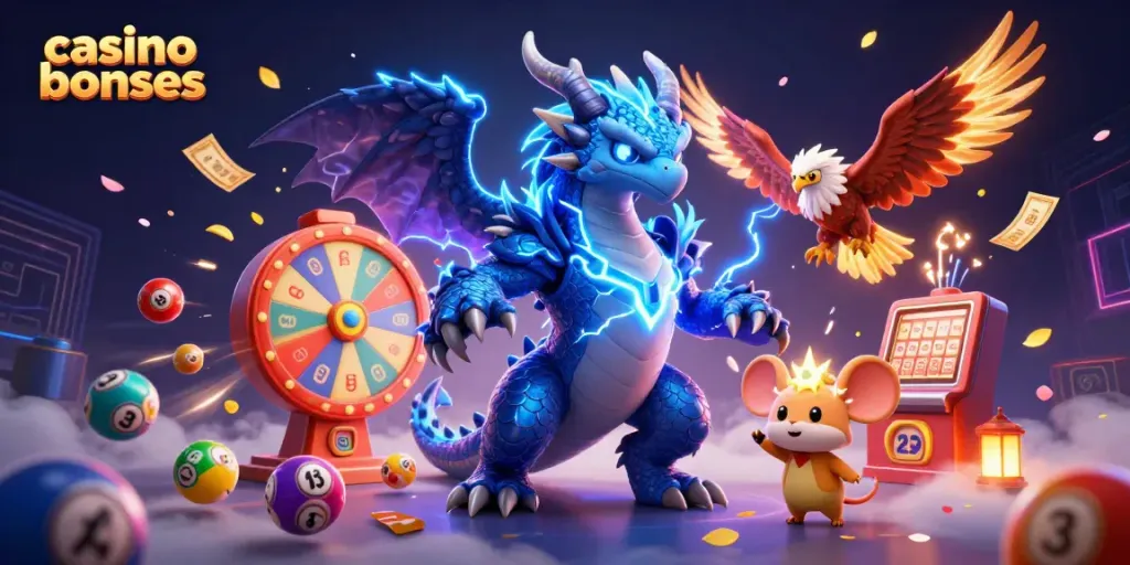 Experience dynamic casino bonuses with thrilling characters amidst vibrant casino-themed elements.