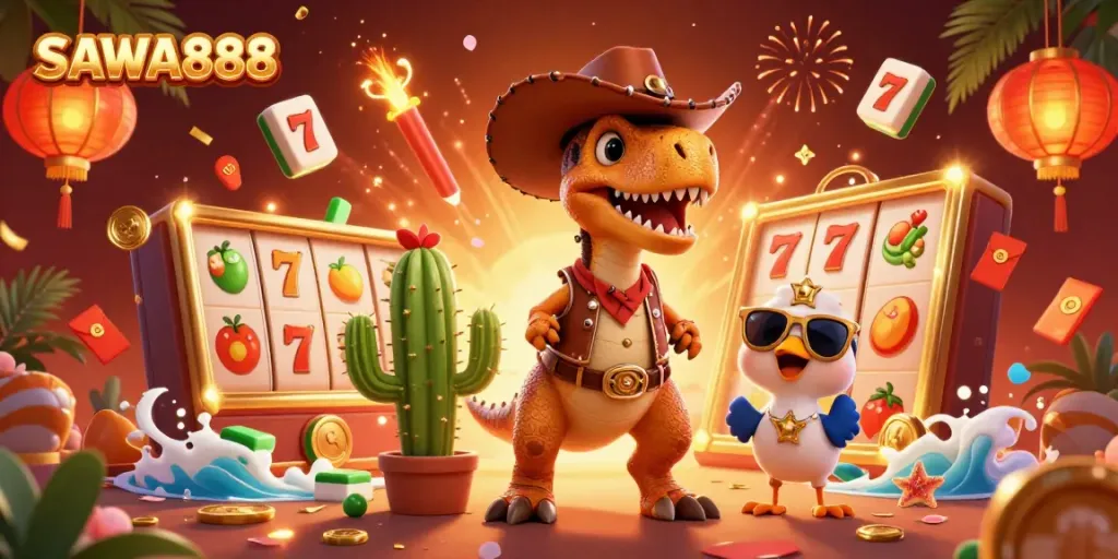 Experience the thrill of SAWA888 with a lively scene of a cartoon dinosaur alongside a jackpot theme.