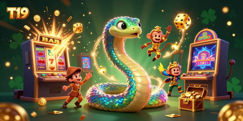 Engage in T19's vibrant gaming world with a colorful scene of a serpent and monkey king amid a jackpot explosion.