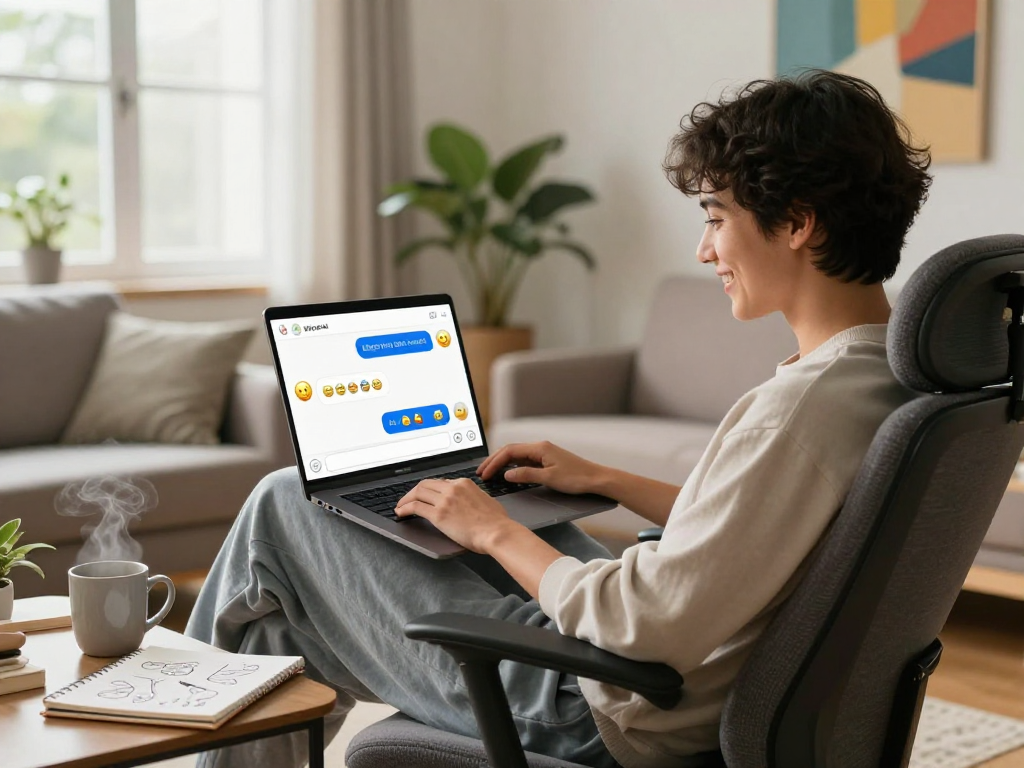 Engaging scene of a person interacting with dirty chat AI, showcasing cozy digital communication in a modern living room.