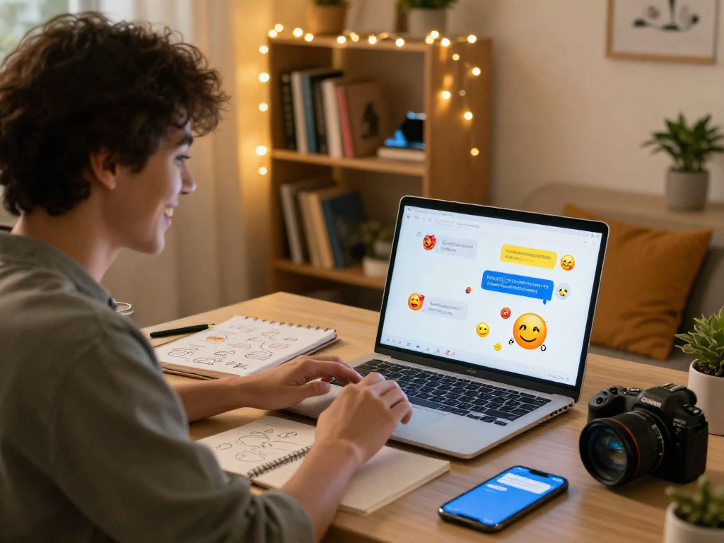 Engaging spicy chat ai interaction in a cozy workspace with user and vibrant chat interface.