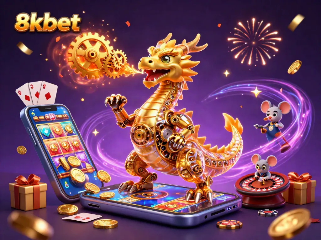 Experience fantastic gaming with 8xbet in a vibrant, action-packed 3D scene featuring a dragon and exciting casino elements.