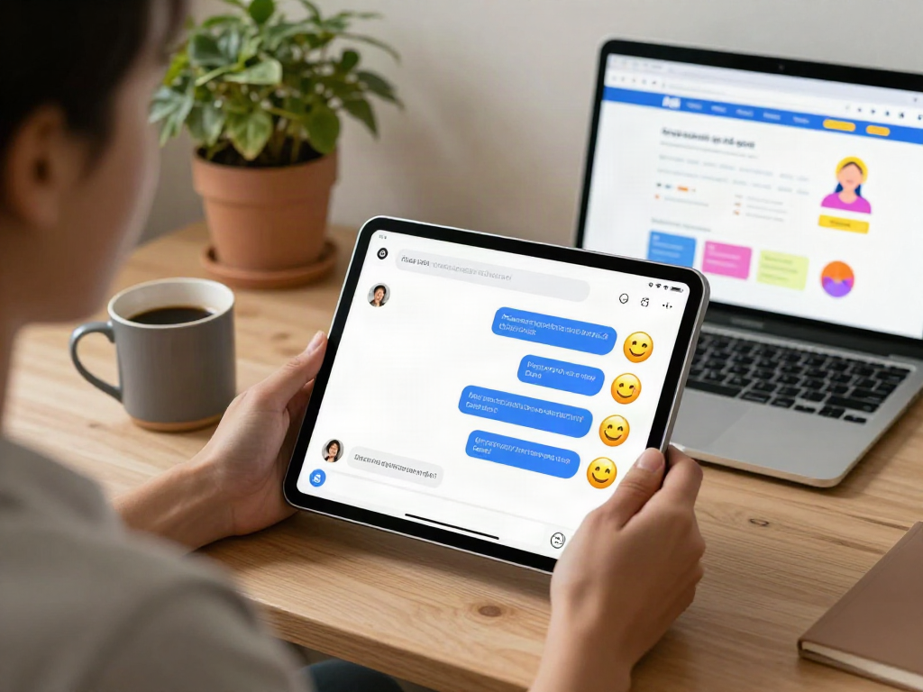 Engaging user with AI NSFW chat interface on tablet in cozy workspace.