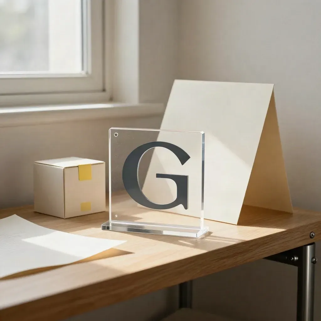 Logo personalizzato in plexiglass, prove cartacee e scatola campione in uno studio luminoso.