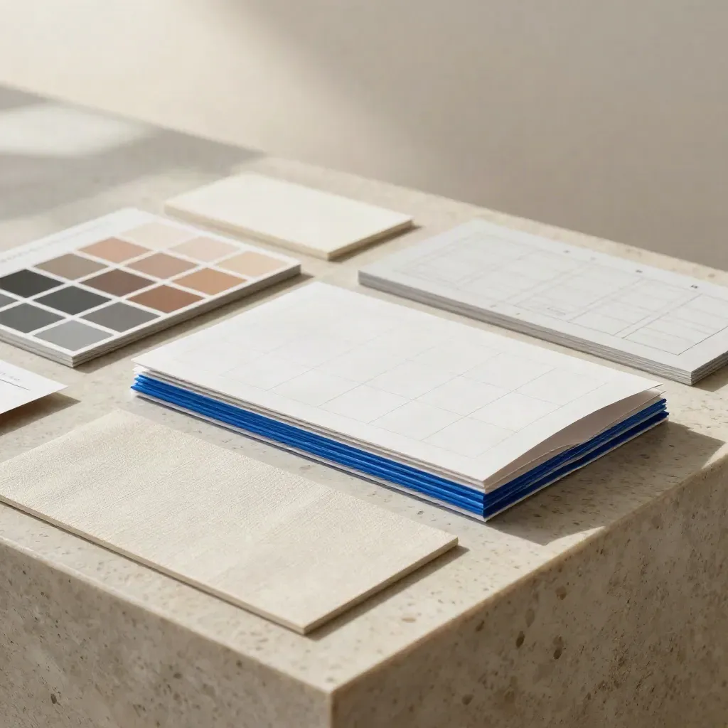 Sistema di identità visiva con palette, swatch e mockup su plinto travertino.