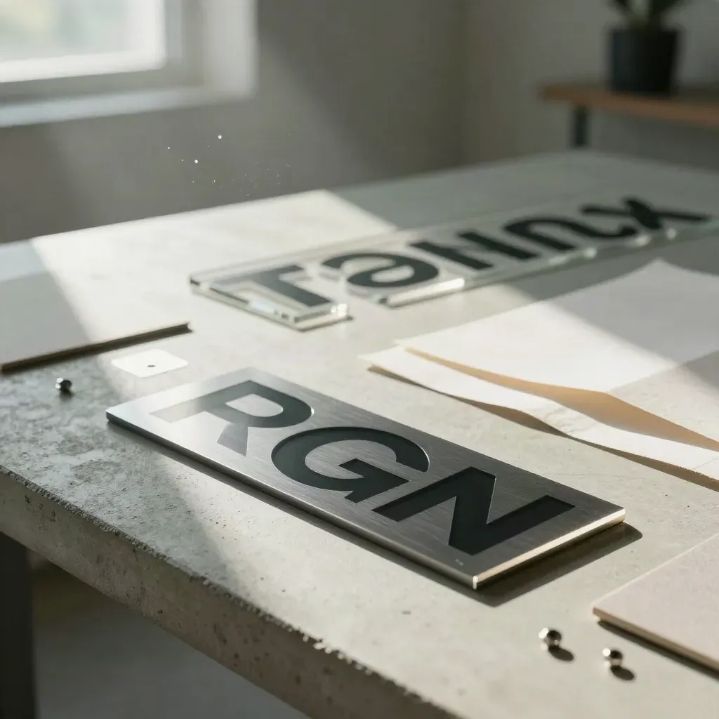 Tavolo premium di studio branding con maquette logo, campioni metallici e marchio acrilico luminoso.