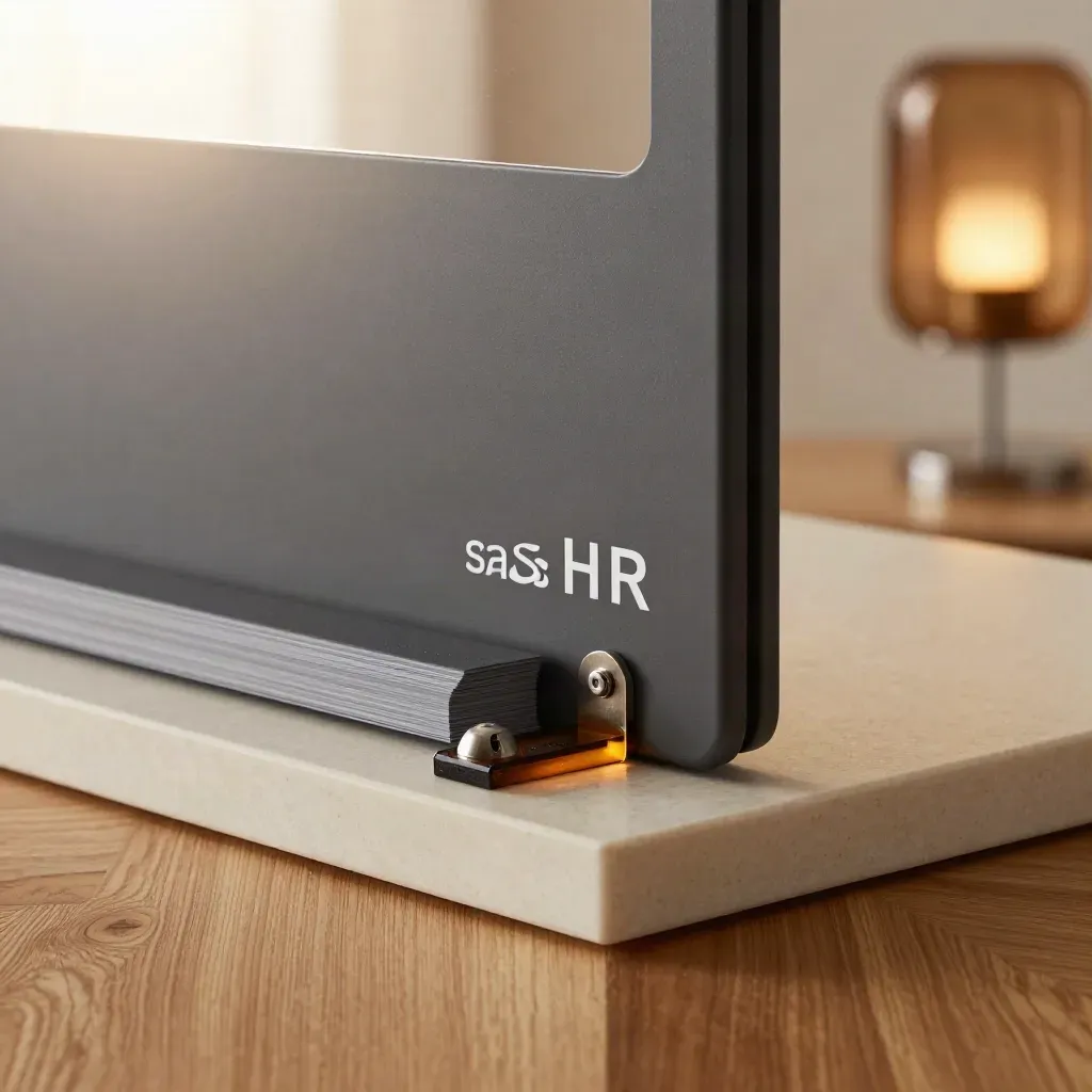 Corner launch completo per SaaS HR con deck, plinto e pannelli modulari in luce calda.