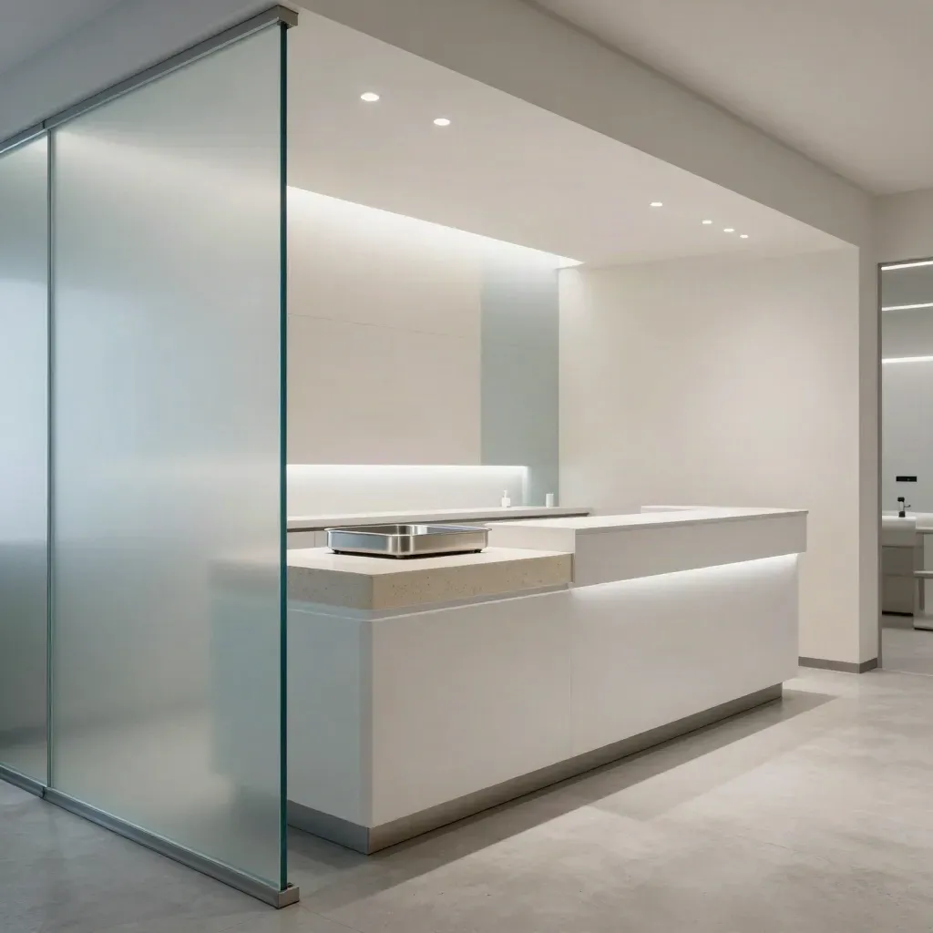 Interno di clinica dentistica minimal, reception bianca, vetro satinato e luce fredda.
