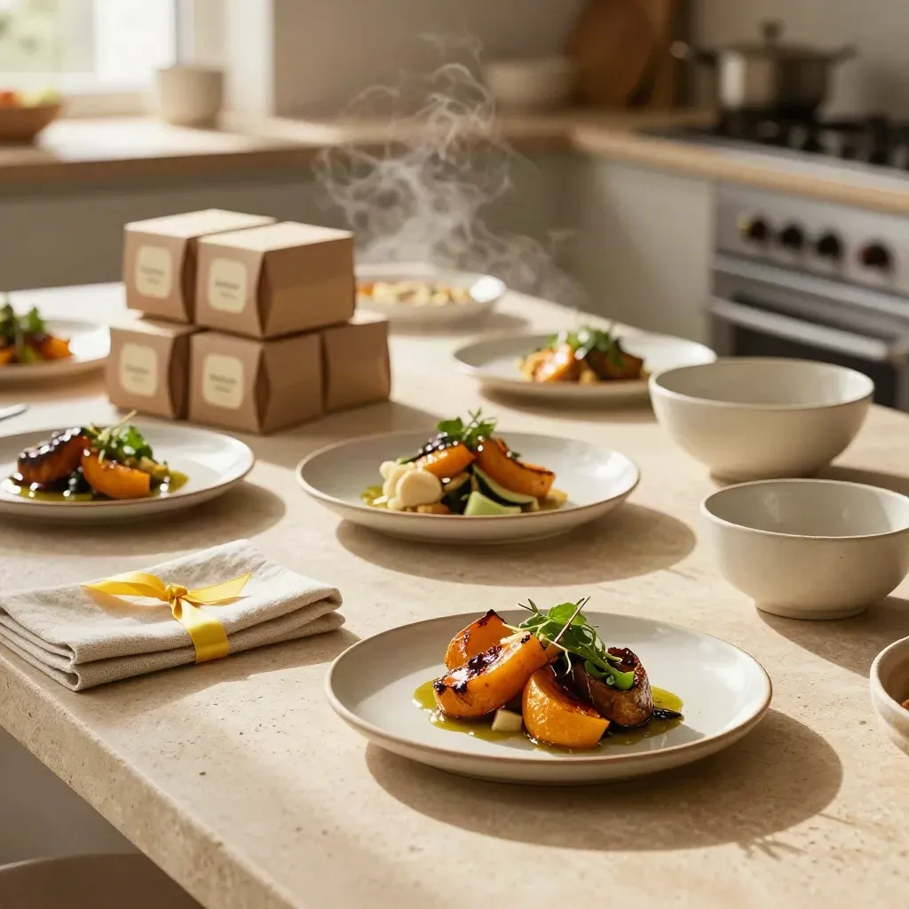 Spread food stagionale con packaging, ciotole e tovaglioli su tavolo caldo, luce naturale morbida.