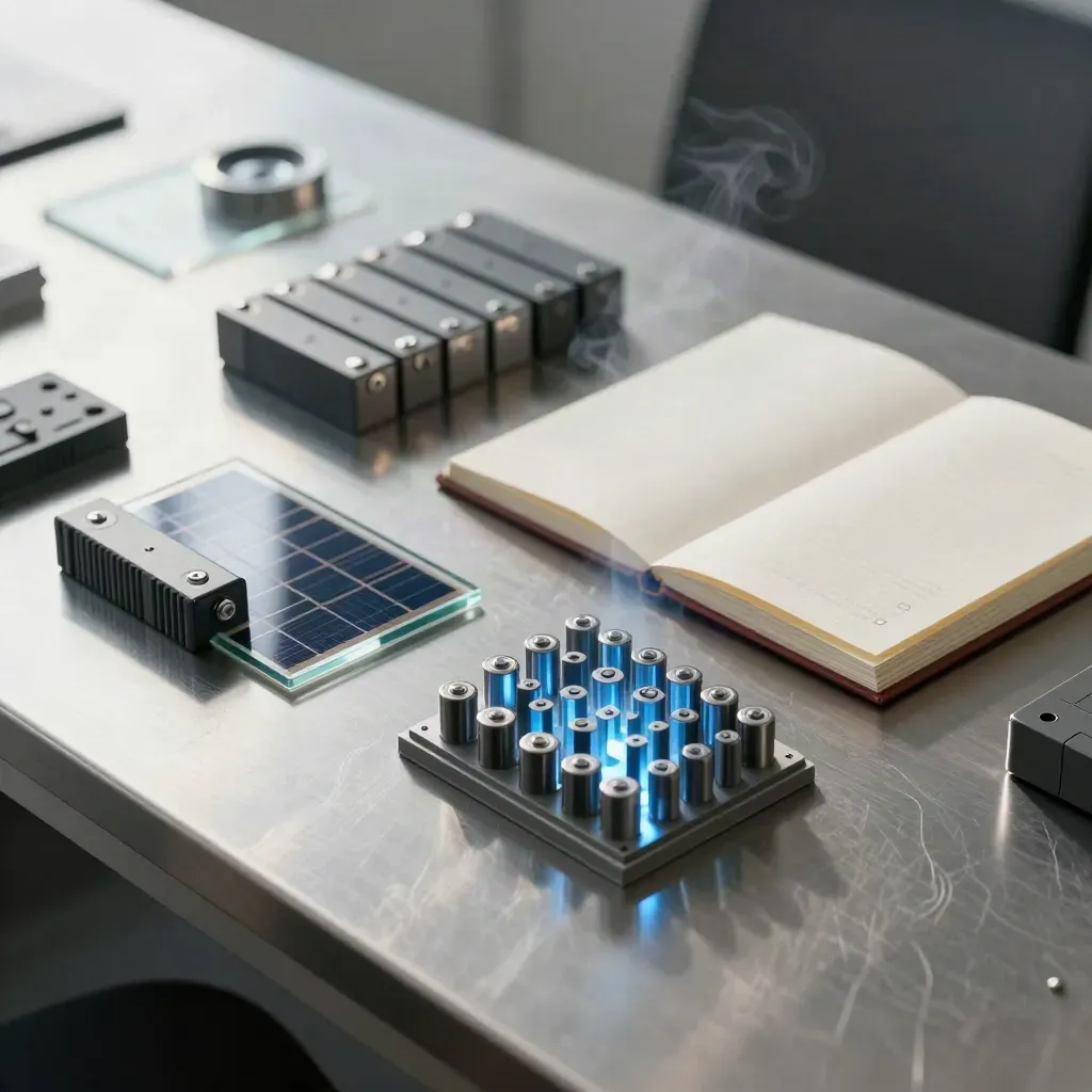 Materiali per pitch deck energia su banco metallico, con modello luminoso e batterie.