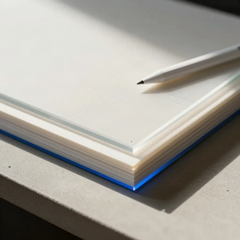 Moduli acrilici, artboard e stilo bianco in macro con riflessi blu elettrico