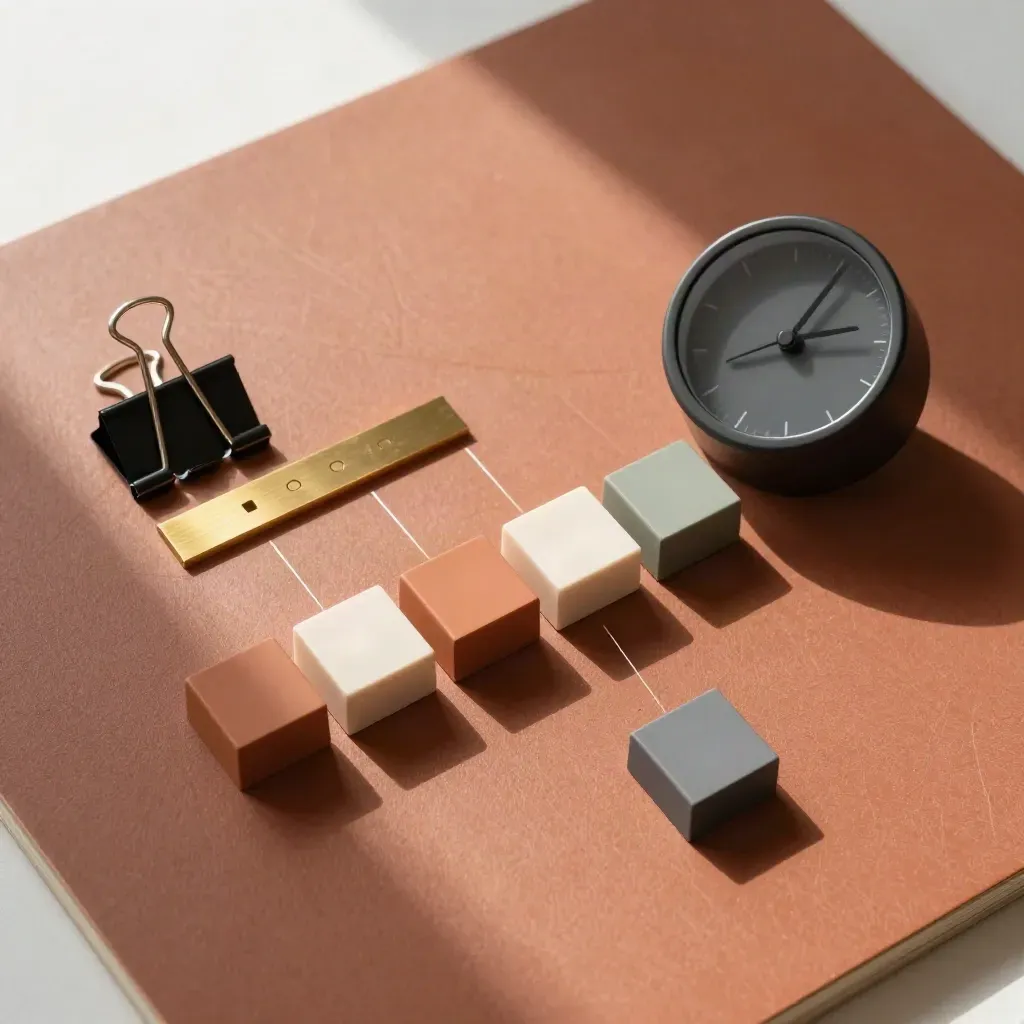 Flatlay dall’alto con strumenti da project lead, blocchi milestone, clip nere e orologio su terracotta.