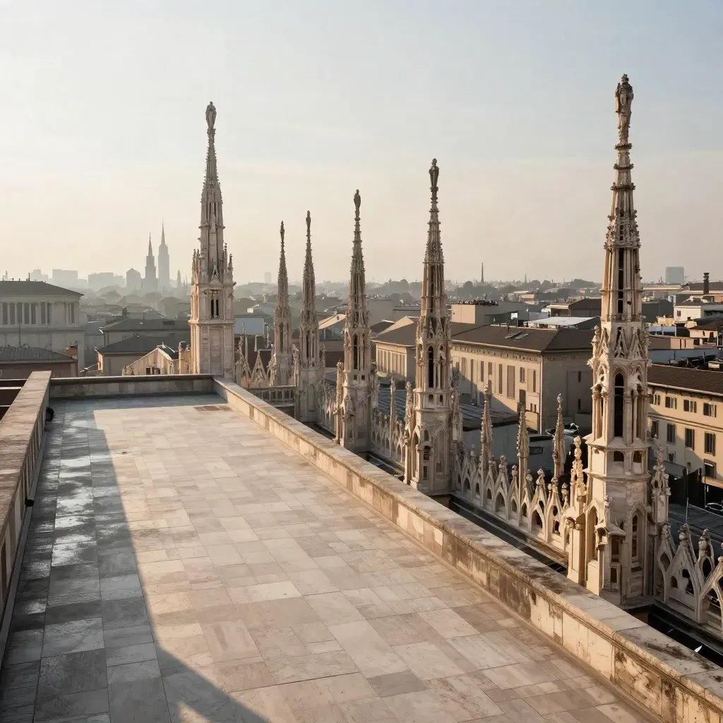 Veduta di Milano dall’alto al tramonto, Duomo in alto e terrazza chiara in primo piano.