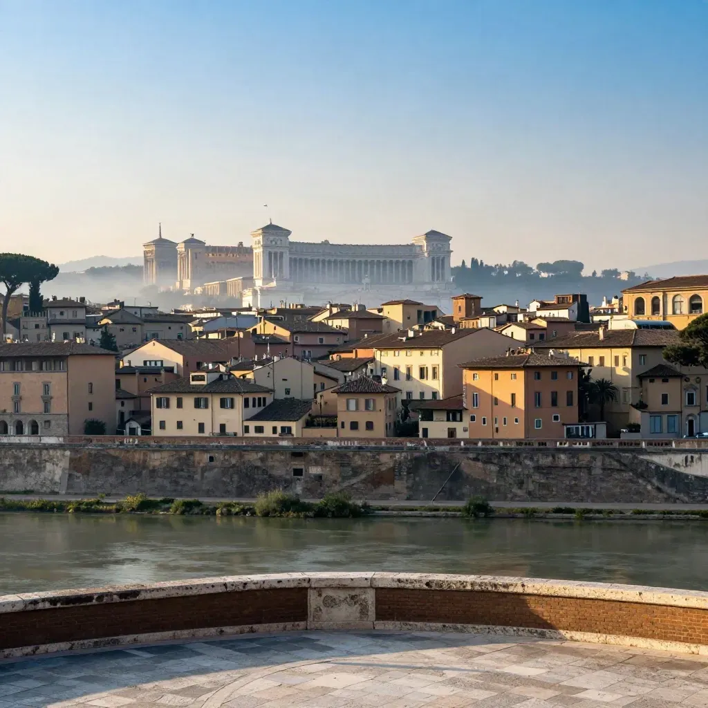 Panorama di Lazio con tetti romani nella nebbia dell’alba e riva del Tevere calma.