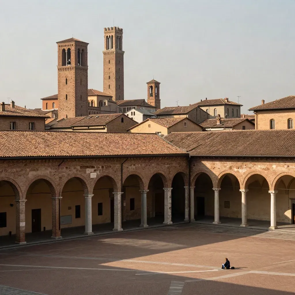 Skyline medievale dell’Emilia-Romagna sopra una piazza in mattoni con portici in luce calda.