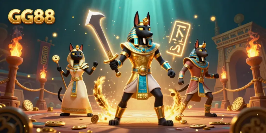 Experience the vibrant action of GG88 with Anubis and his cat companion in an energetic casino atmosphere.