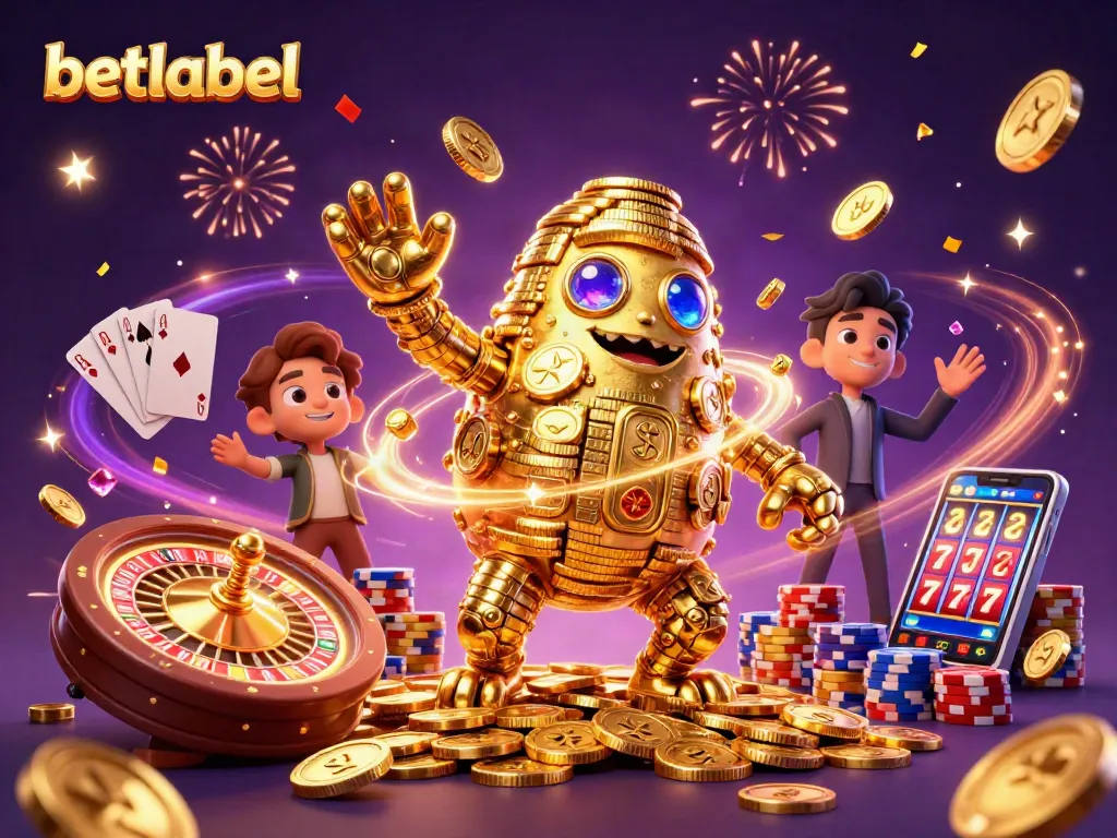 Betlabel showcases a vibrant 3D casino scene with a golden golem and dynamic gaming elements.