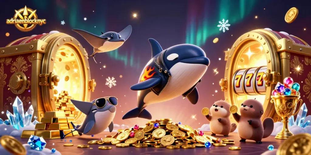 Engage in thrilling gameplay with adriaenblocknyc featuring orca and sea otters amidst golden casino treasures.