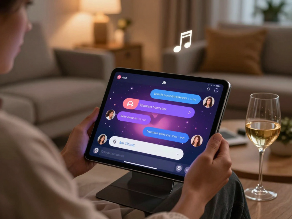 Engaging scene of a person using a sex ai chat app on a tablet, set in a cozy apartment.