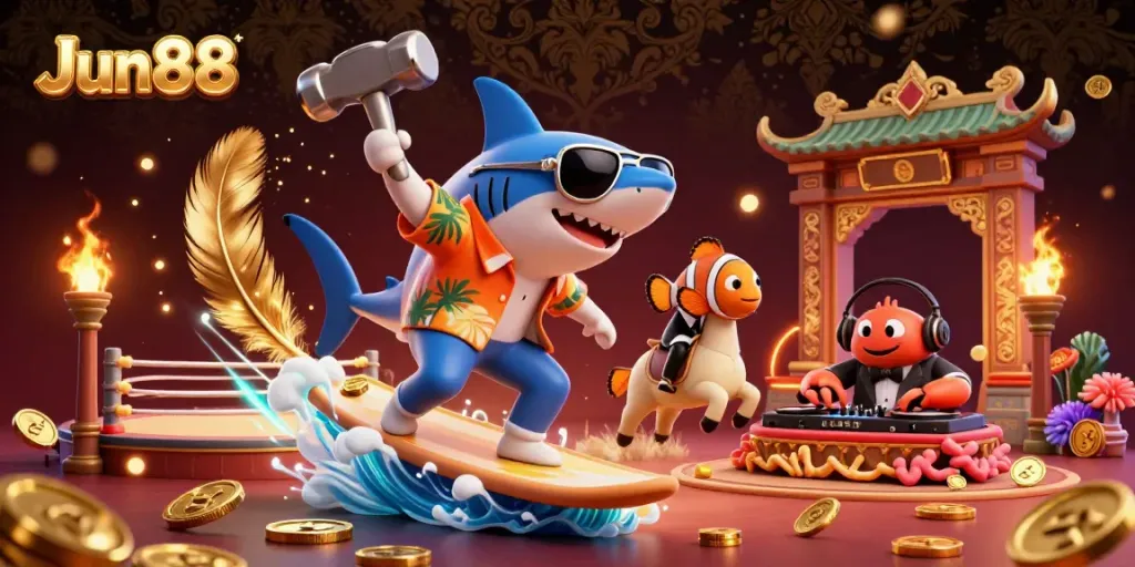 Experience thrilling wins at Jun88 with a dynamic illustration of a shark surfing on gold coins amid a vibrant casino scene.