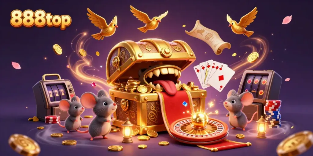 Win big at 888top with an exciting scene showcasing treasures and casino elements.
