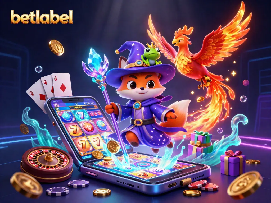 Experience the thrilling world of betlabel with a mystical 3D illustration of a wizard fox and phoenix, dynamic games, and sparkling coins.