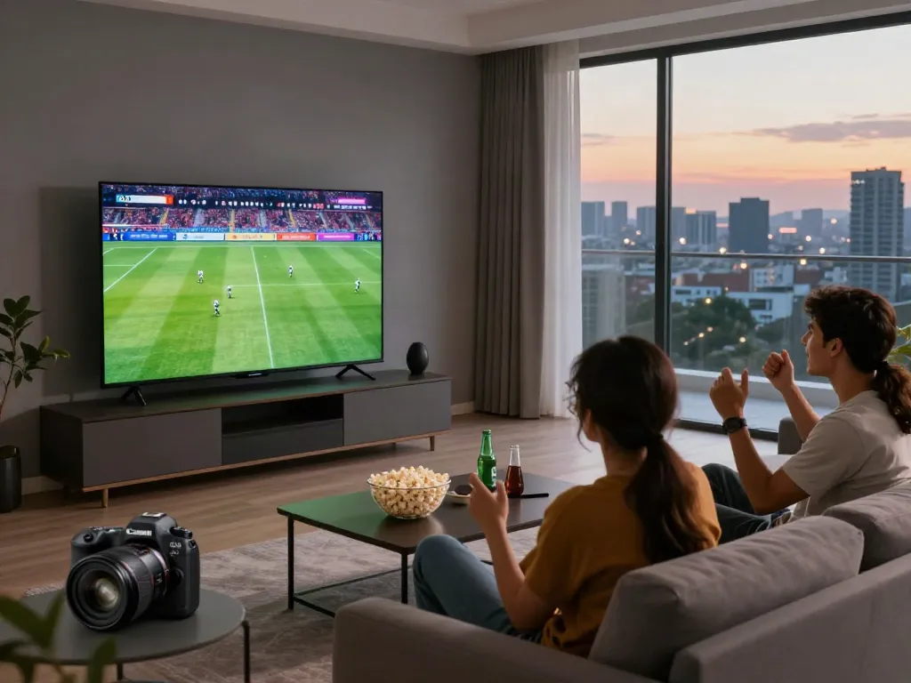 Group of friends enjoying IPTV Italia sports channels in a stylish living room.